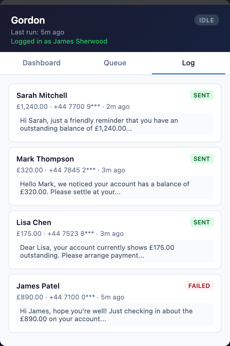 Gordon activity log — sent, pending, failed messages