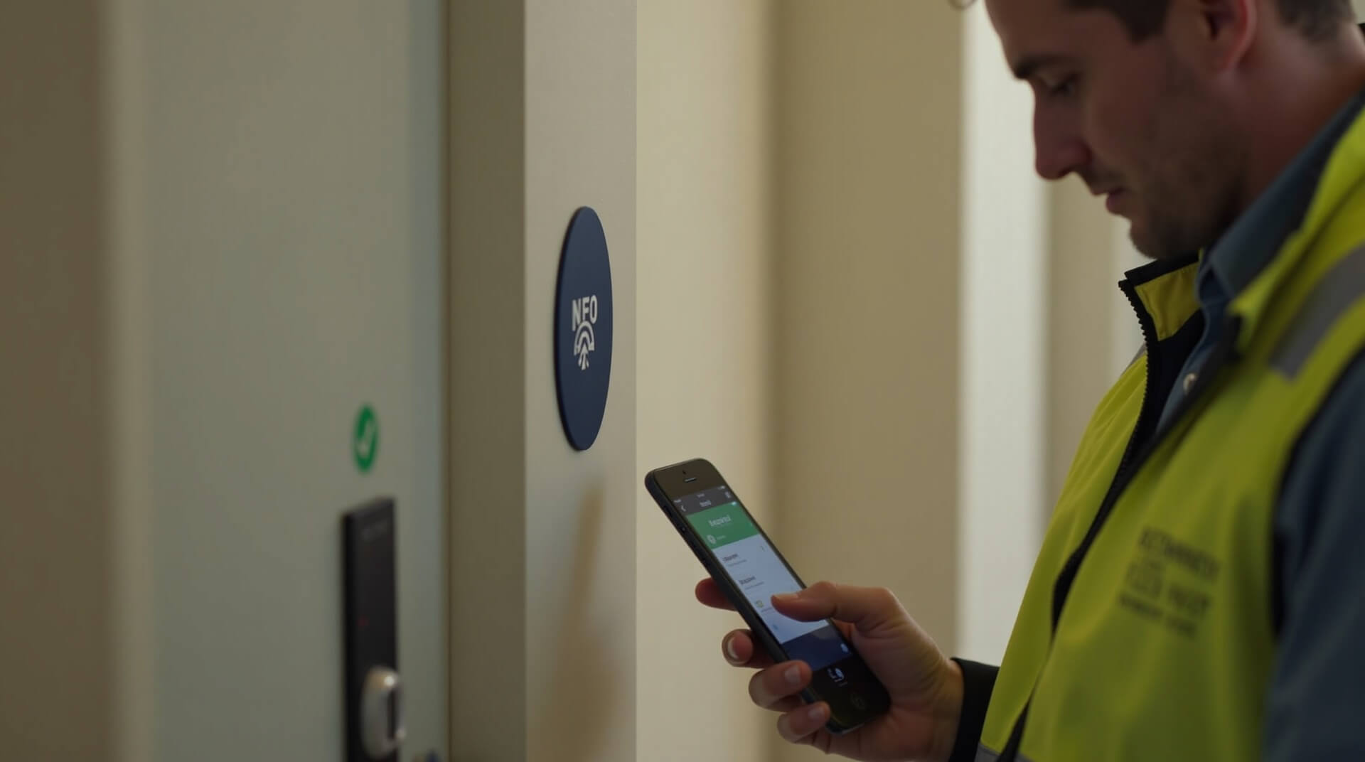 Fire inspector scanning WiseBlock NFC tag with smartphone