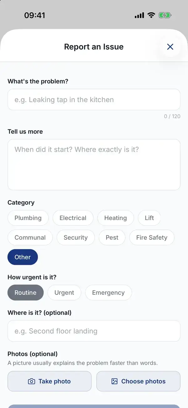 Reporting an issue in the WiseBlock app: what the problem is, more detail, a category, how urgent it is, where it is, and buttons to take or choose photos.