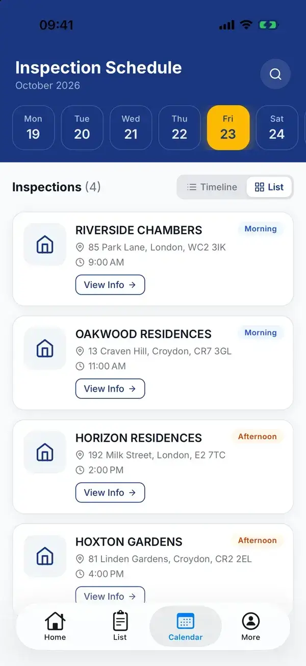 An inspector's schedule in the WiseBlock app: the day's fire checks by block and time.