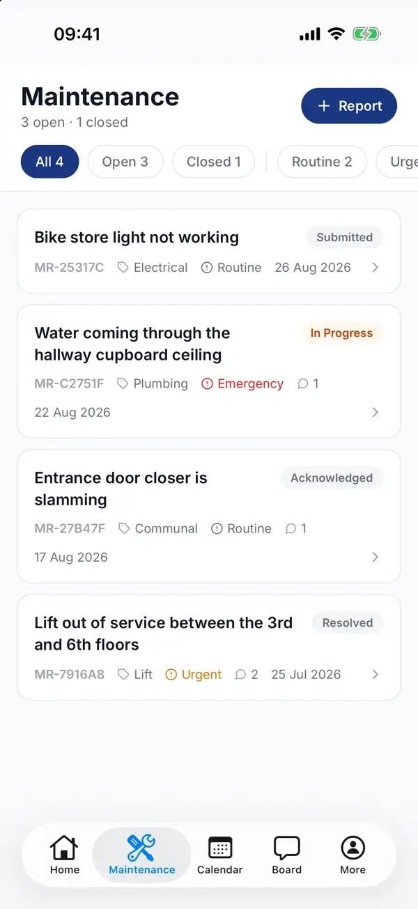 A resident's repairs in the WiseBlock app: three open and one closed, each with a reference, category, urgency, status and date, and a Report button.