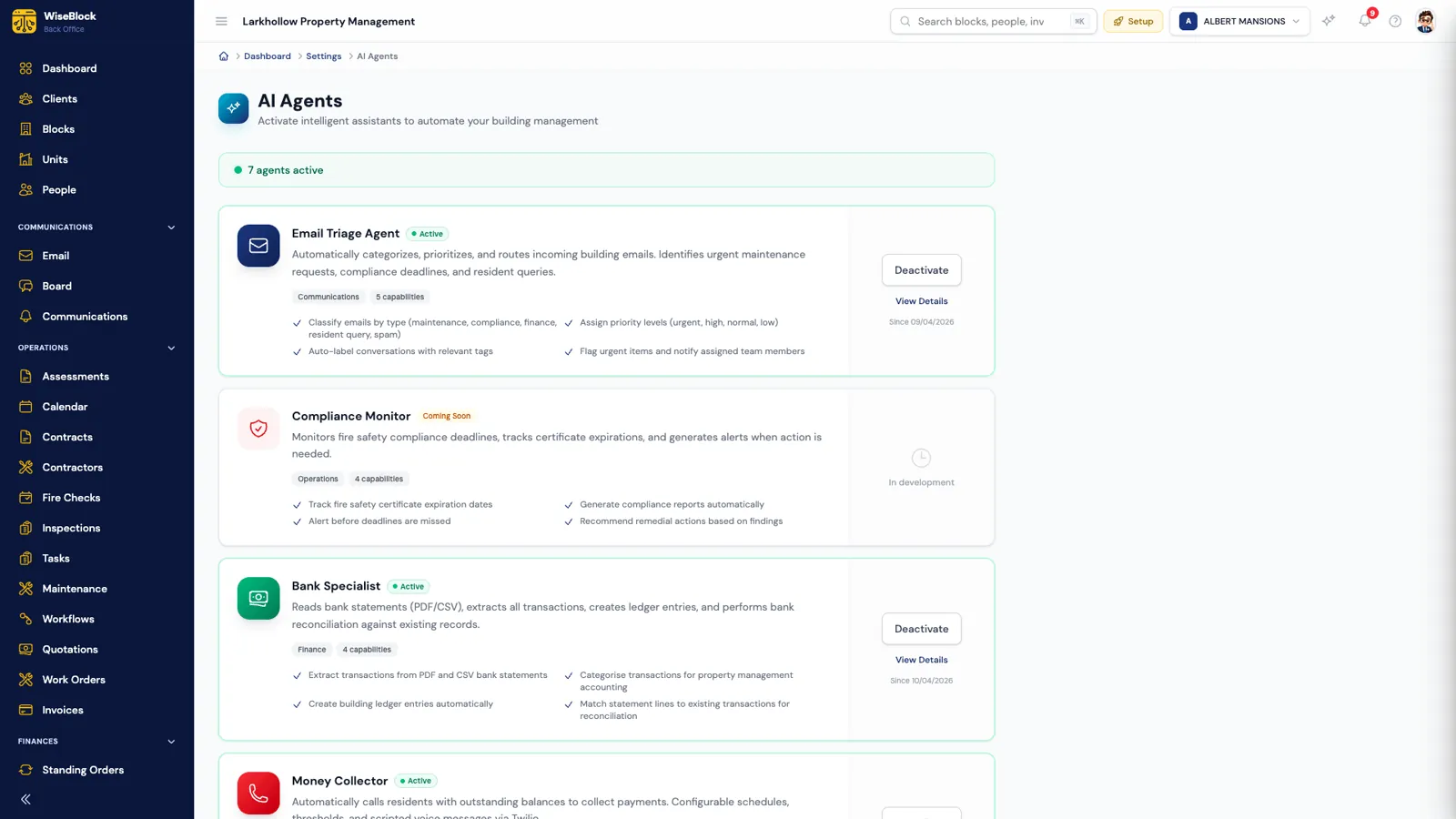 The AI agents settings page in WiseBlock, showing the Email Triage Agent as active with its capabilities: classifying emails by type including maintenance, assigning priority levels, labelling conversations and flagging urgent items to the assigned team member.