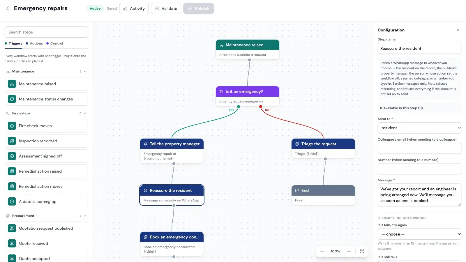 The WiseBlock workflow builder: a palette of triggers grouped by area on the left; on the canvas, Maintenance raised leads to a condition, Is it an emergency?, whose YES branch tells the property manager, sends the resident a WhatsApp and books an emergency contractor, and whose NO branch creates a triage task. On the right, the selected WhatsApp step's settings: who to send to, the message, and what to do if it fails.